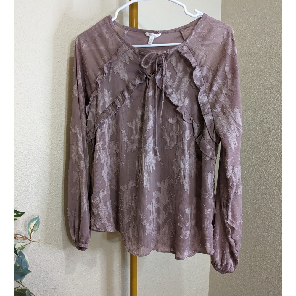 Lilac Burnout Floral Ruffle Tie Neck Blouse Metallic Chiffon M Romantic Girly